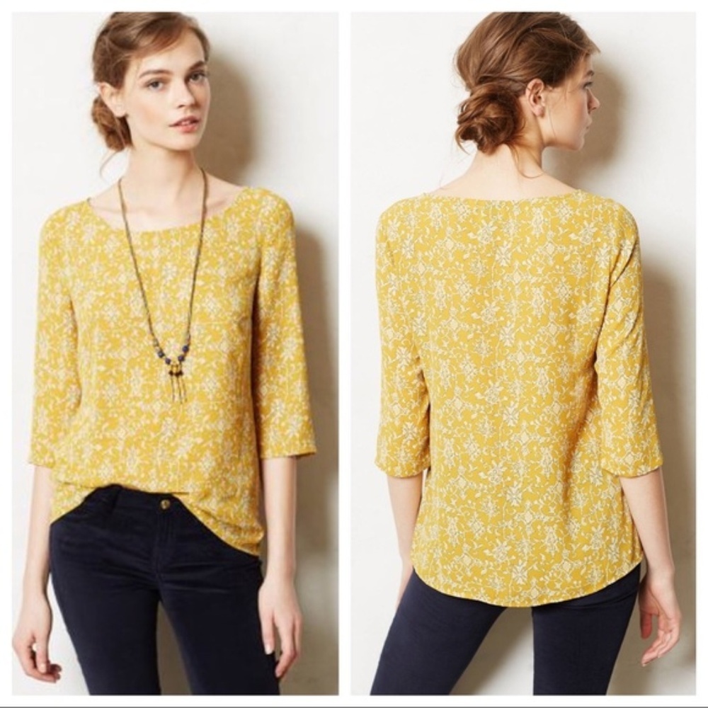 Anthro HD Paris women 4‎ Eira printed blouse pullover 3/4 sleeve  boho peasant